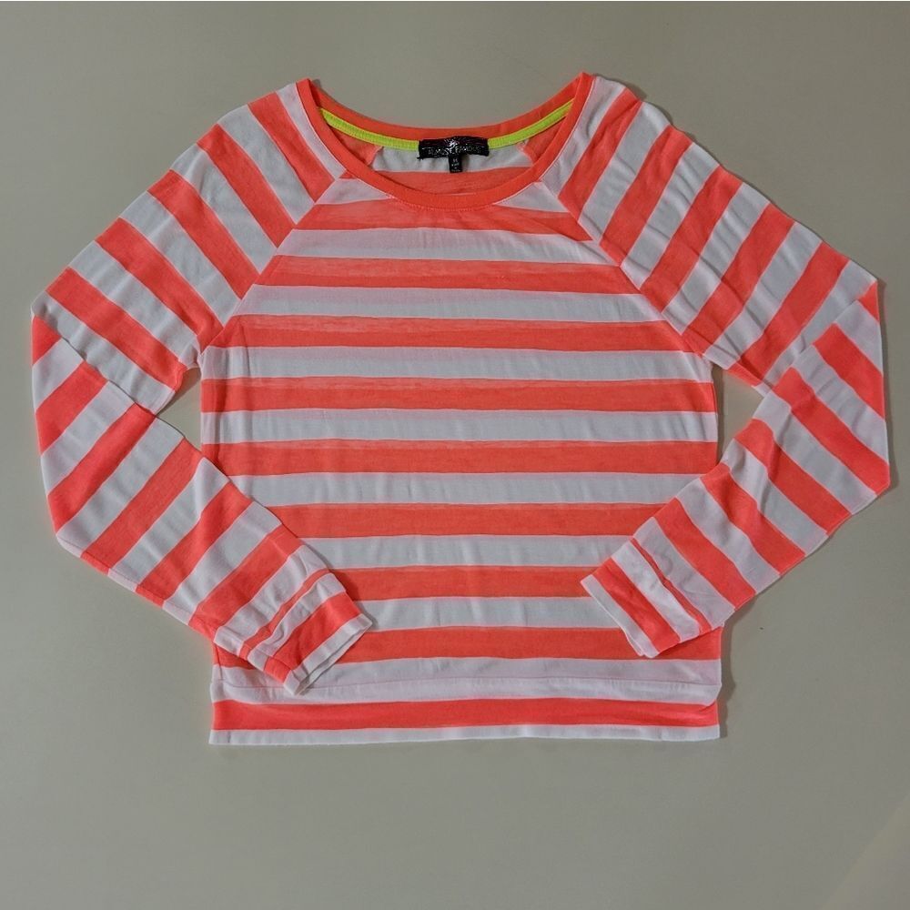 Almost Famous Women's Neon Orange Striped Crewneck Long Sleeve Top